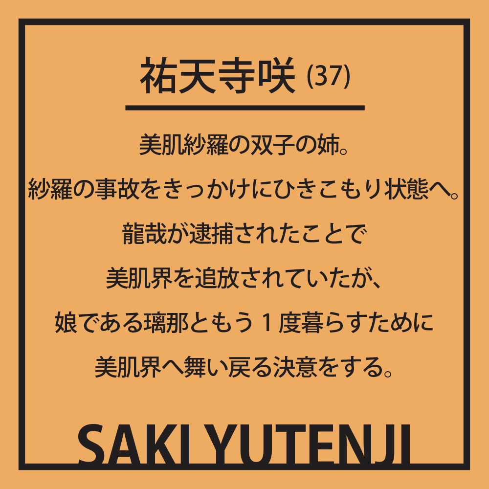祐天寺咲(37) 美肌紗羅の双子の姉。紗羅の事故をきっかけにひきこもり状態へ。龍哉が逮捕されたことで美肌界を追放されていたが、娘である璃那ともう1度暮らすために美肌界へ舞い戻る決意をする。