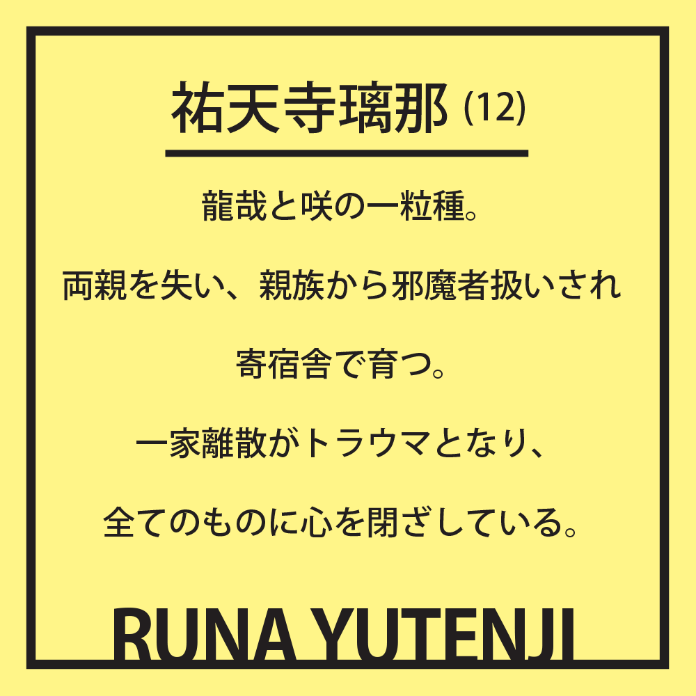 祐天寺璃那(12) 龍哉と咲の一粒種。両親を失い、親族から邪魔者扱いされ寄宿舎で育つ。一家離散がトラウマとなり、全てのものに心を閉ざしている。