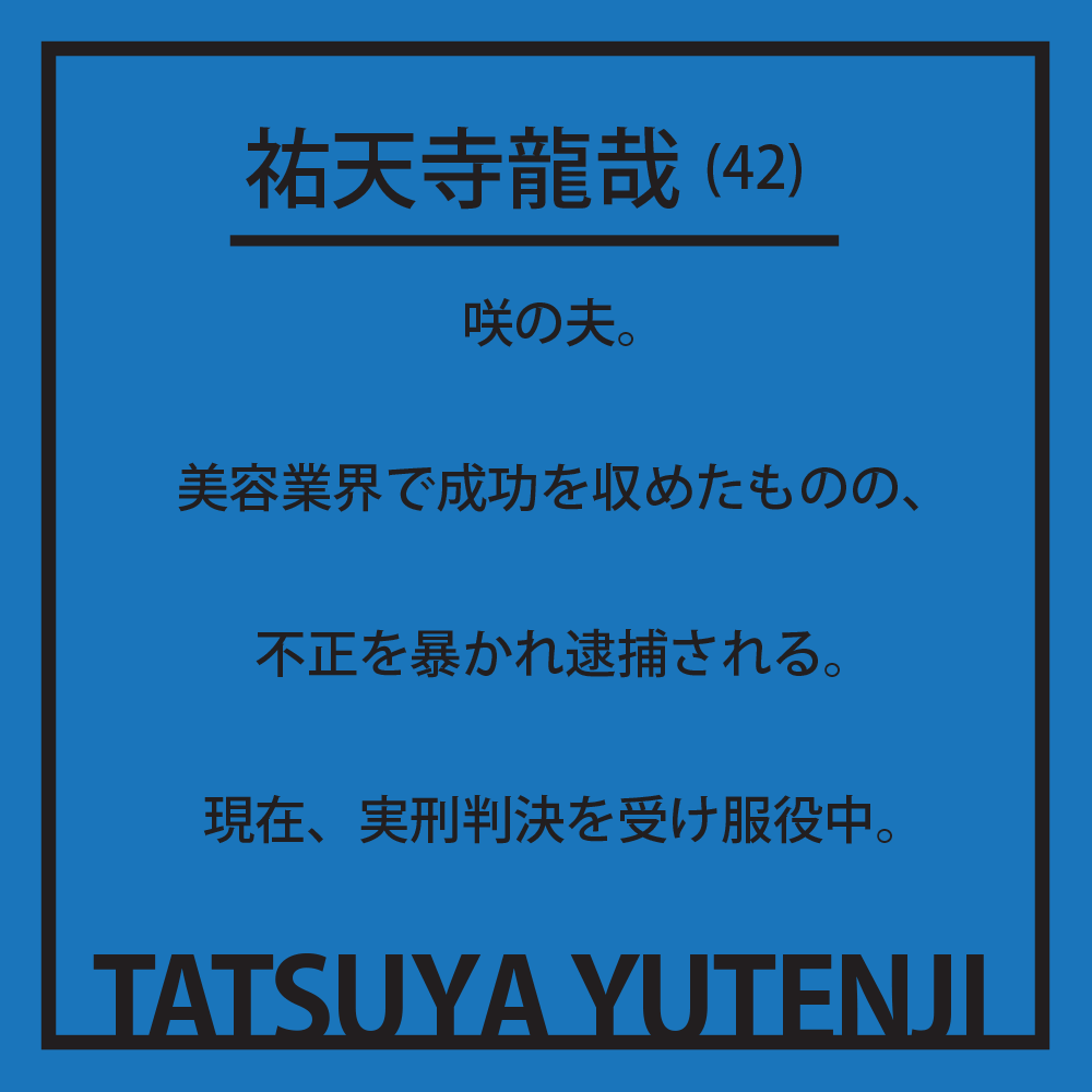 祐天寺龍哉(42) 咲の夫。美容業界で成功を収めたものの、不正を暴かれ逮捕される。現在、実刑判決を受け服役中。